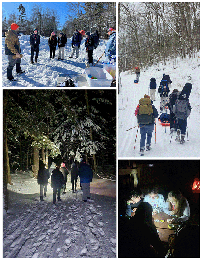 Montage of RSU-23 Outing Club at Camden Hills State Park: learning about winter camping, on trail, night hike, around the table.