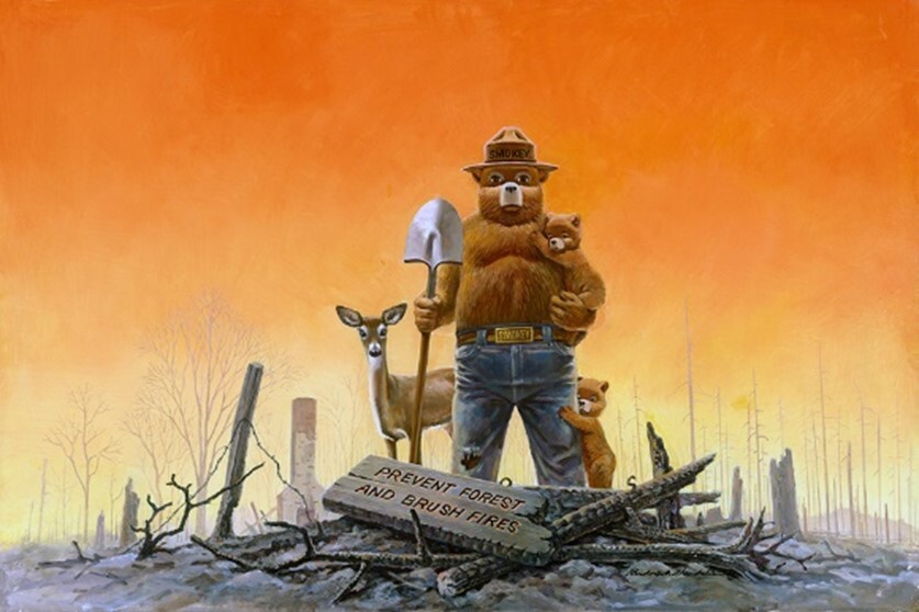 Smokey Bear and forest friends after a fire. Art by Rudy Wendelin.