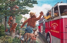 Smokey Bear and firetruck. Art by Rudy Wendelin.