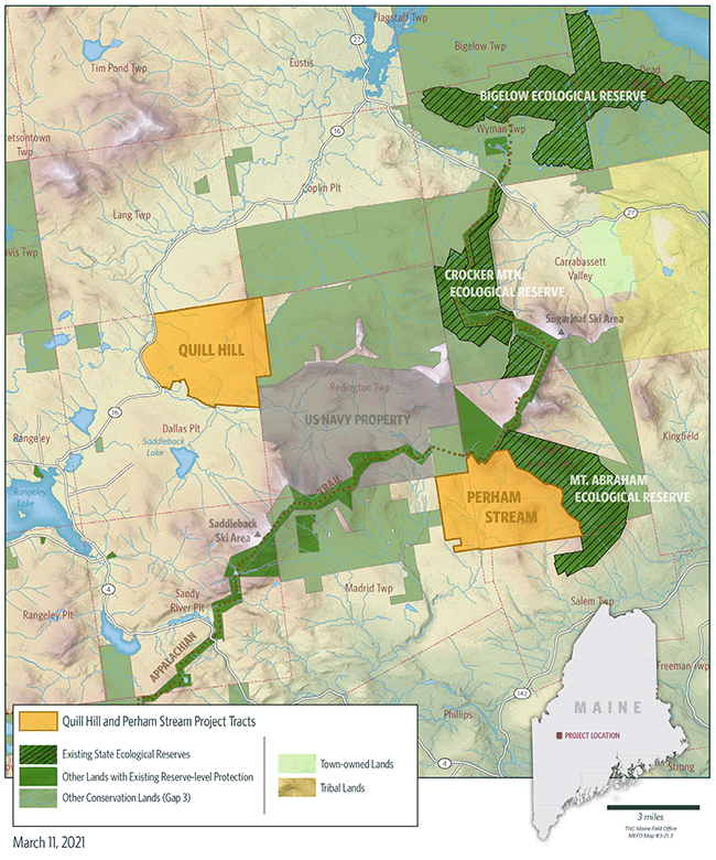 Map of the Quill Hill and Perham Stream parcels and surrounding properties.