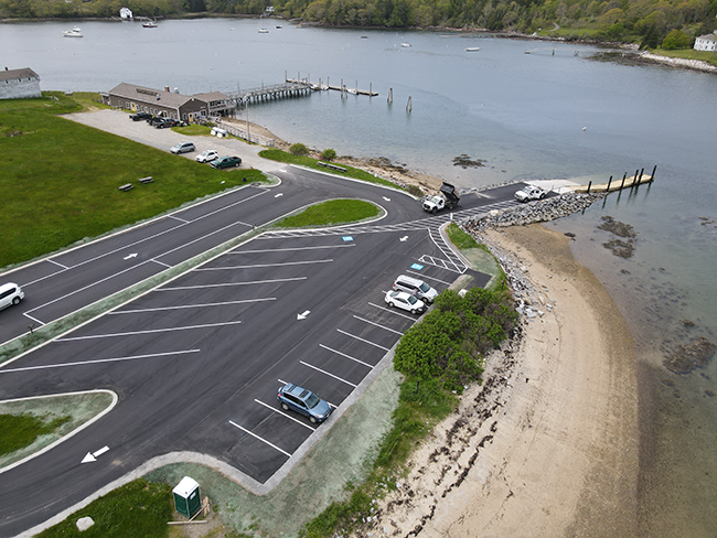 Aerial of renovated boat launch facility on the Pemaquid River at Colonial Pemaquid State Historic Site. 