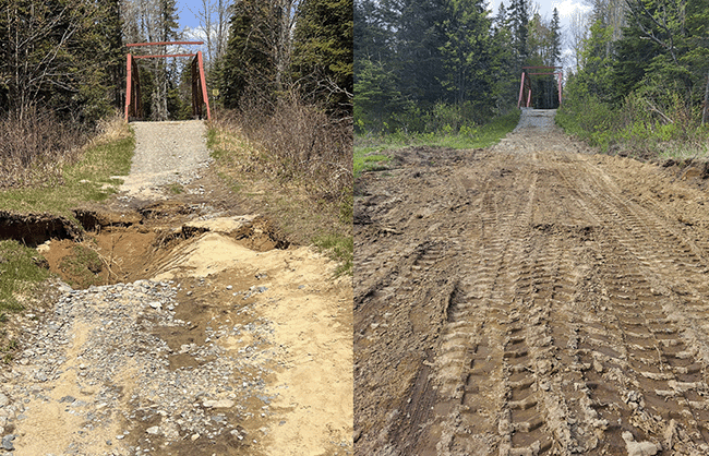 Before and after shots of repair of sinkhole near a bridge on the Flagstaff trail.