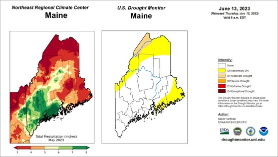 Maps of Maine showing a band of drought affected area mainly in the north