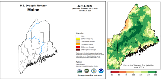 Two maps of Maine showing drought status