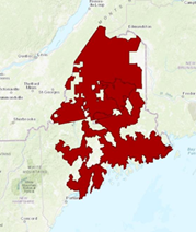 Map of Maine taken from US Fish and Wildlife Service page showing the Critical Habitats (red areas) for Canada Lynx and Atlantic Salmon in Maine. 