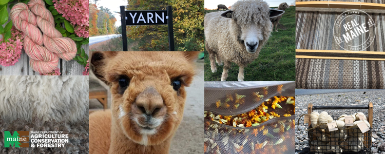 Decorative collage of fiber tour site images including animals, products and raw materials