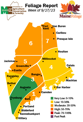 Fall Foliage Map for September 27 2023. Foliage color across the state is starting.