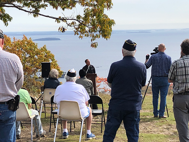 Andy Cutko speaking to the attendees of the Mt Battie Road Rededication on Oct 25, 2023.