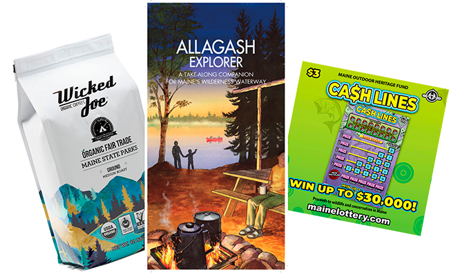 Maine State Park coffee by Wicked Joe, an Allagash Explorer booklet, and a Maine Outdoor Heritage Fund lottery ticket.