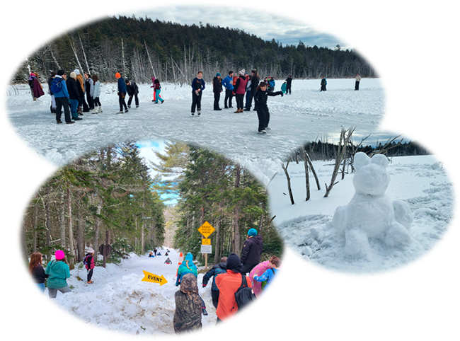 Winter events at Holbrook Island Sanctuary: ice skating, sledding, and the snow cat! Photos by Charlie Cannon, Sanctuary Manager.  