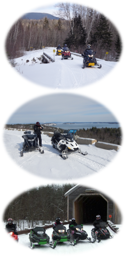Snowmobile riders in three photos: B Pond Trail, Acadia with Winter Harbor View, and Covered Bridge "Cow's Bridge."