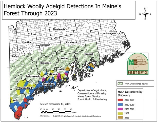 Map of Maine showing hemlock woolly adelgid detections through 2023