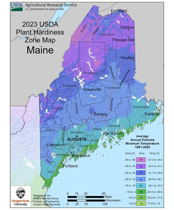 Map of Maine showing plant hardiness zones