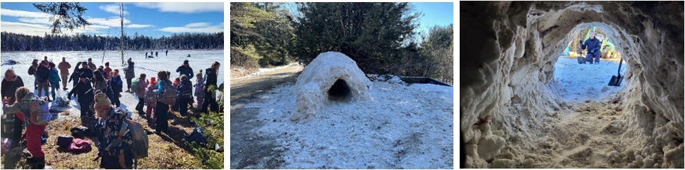 Winter Fun Day at Holbrook Island Sanctuary showing crowd and the snow cave.