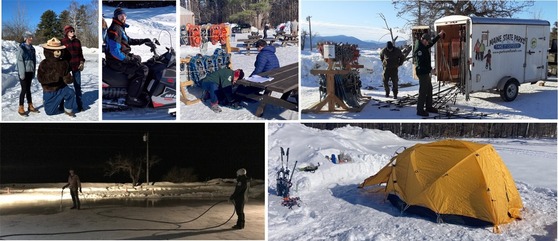 Mt. Blue State Park Winter Fun Day photo collage showing activities and preparations.