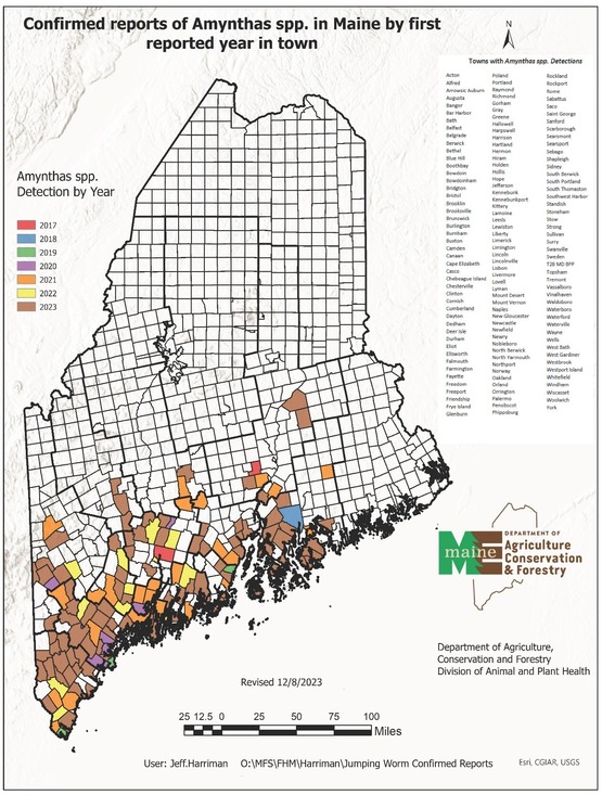 Map of Maine showing towns that have jumping worm activity. Most of the towns are south of Bangor
