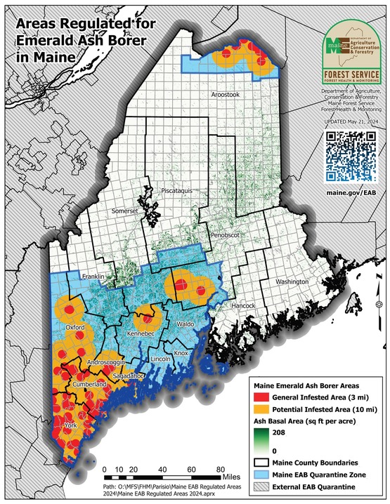 Map of Maine showing quarantine areas