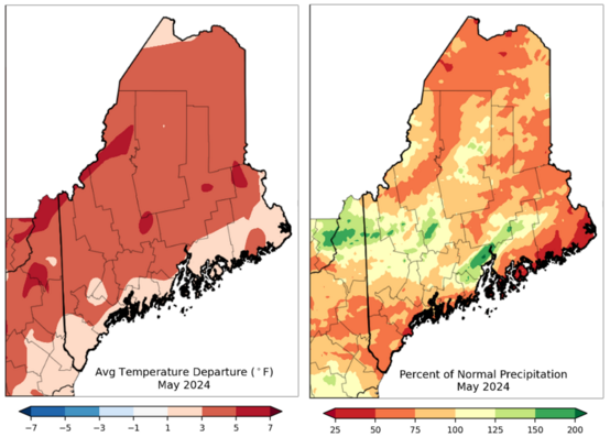 Two maps of Maine showing temperature and precipitation for May 2024
