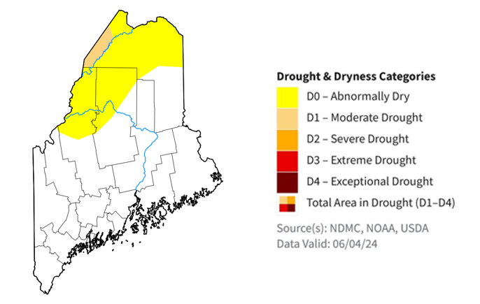 Drought map of Maine. Most of Maine is not experiencing dryness other than northern Maine.