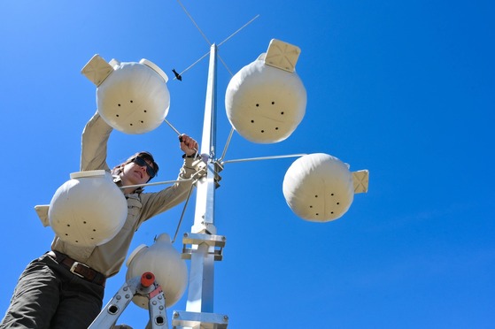 Adjusting the nest portholes on the Purple Martin nesting structure.