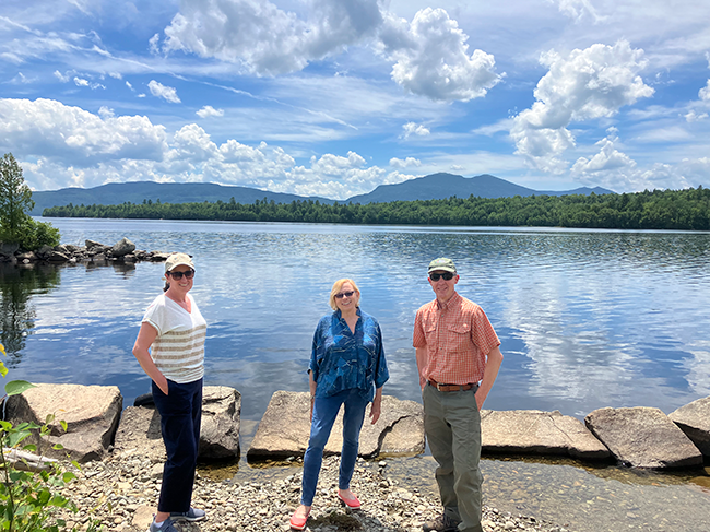 DACF Commissioner Beal, Governor Mills, and BPL Deputy Director Patterson at Flagstaff Lake, Bigelow Preserve.