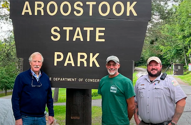 Senator Angus King at Aroostook State Park with Manager Scott Thompson and Ranger Dan McCue.