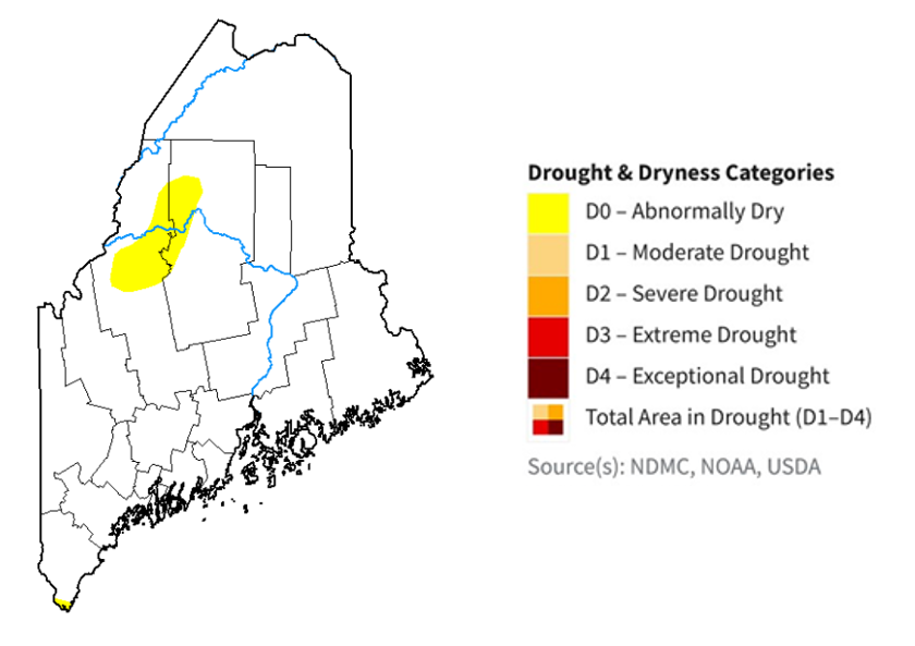 Map of Maine showing drought. One area east of Moosehead is marked as abnormally dry; the rest of the state is not in drought conditions.