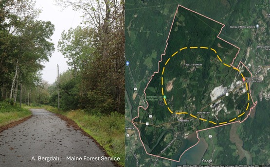 Two photos- a road and a map with a town in Maine