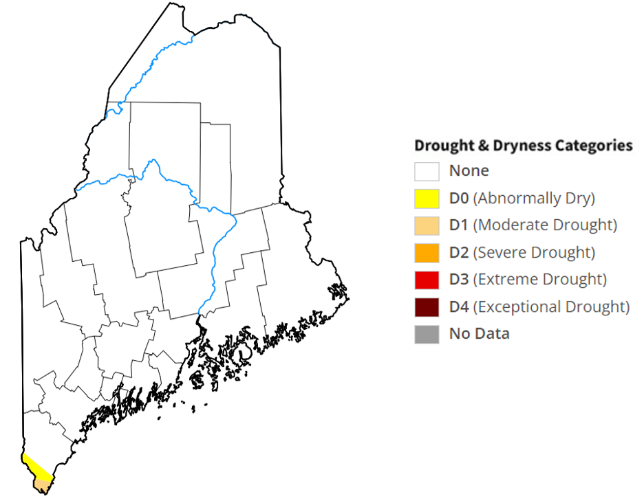 Map of Maine showing drought conditions. No drought is shown other than in extreme southern York County.