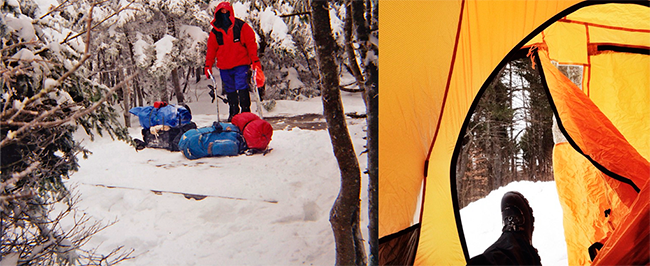 Winter camping site selection and form inside a dome tent.