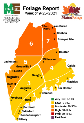 Foliage Map for September 25 showing moderate color change for Northern Maine.