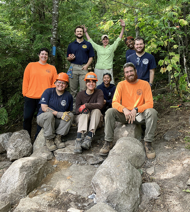 MCC Trail Crew on stone steps they built at the Kennebec Highlands Public Land.