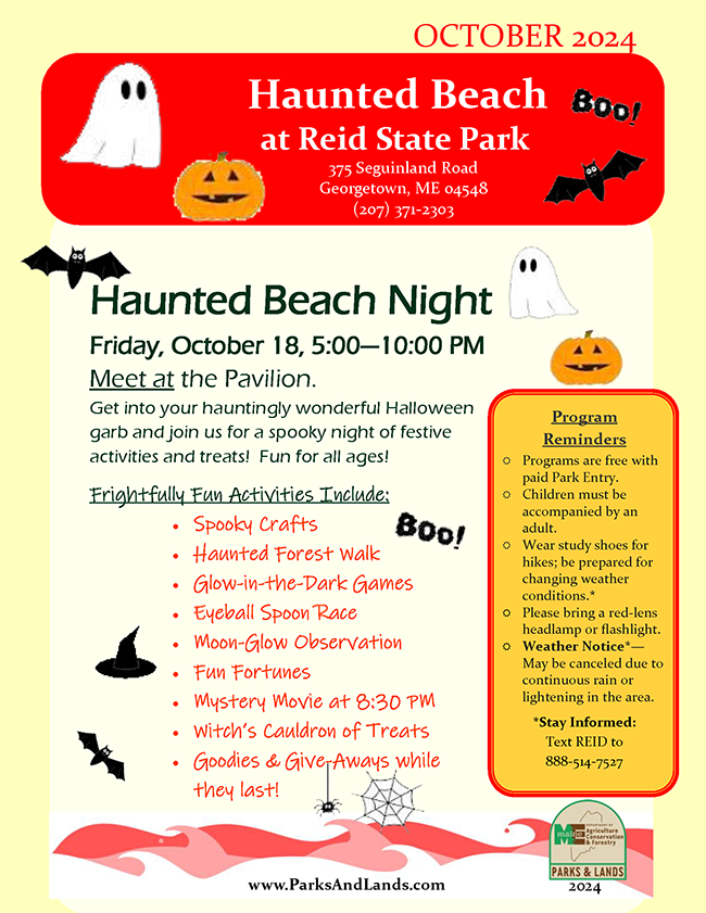 Event flyer for the Friday, October 18 Haunted Beach at Reid State Park.