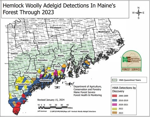 Map of Maine showing areas with hemlock woolly adelgid