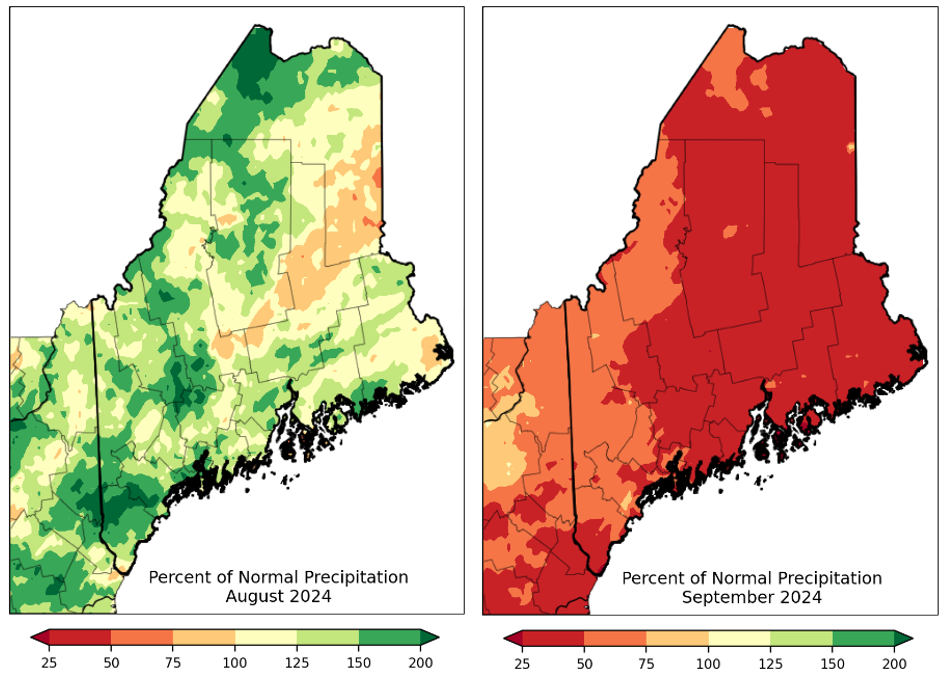 Two maps of Maine showing precipitation for August and September