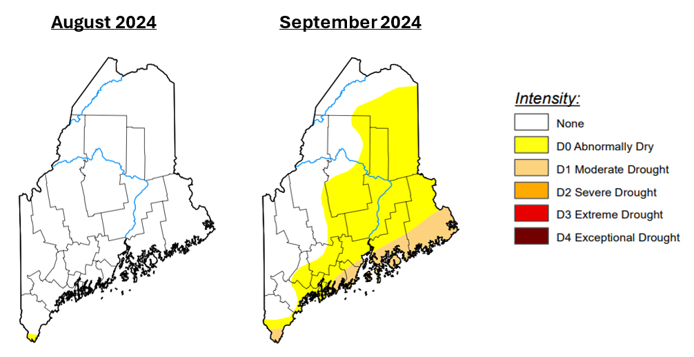 Two maps of Maine showing drought status