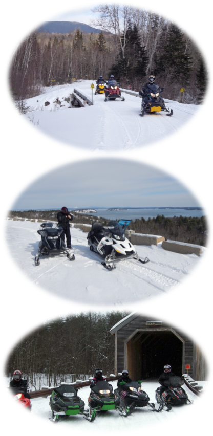 Winter photos top to bottom: B Pond Trail, Acadia with Winter Harbor View, Covered Bridge "Cow's Bridge"