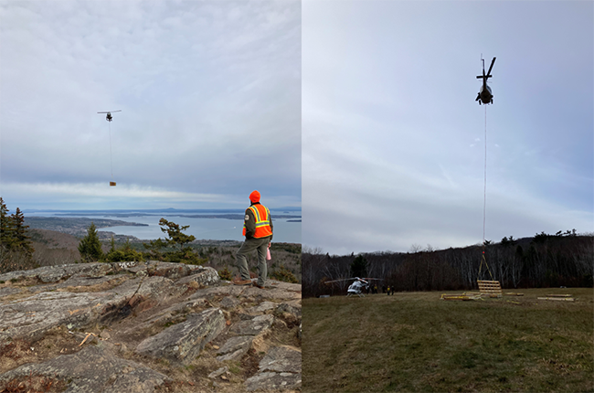 Maine Forest Service helicopter bringing Bald Rock Shelter materials to building site.