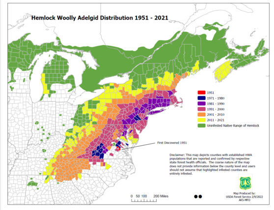 Hemlock woolly adelgid spread due to warming climate