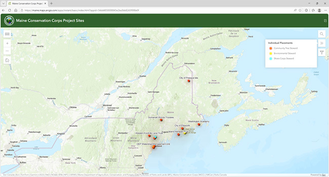 Service site map for Maine Conservation Corps projects in Maine.