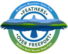 Logo for the annual Feathers Over Freeport showing a raptor silhouette with wings stretched across blue, white and green circles.