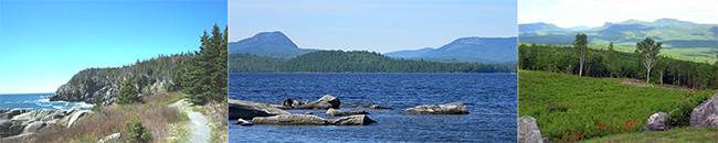 Photo montage of the bold coast of Quoddy Head, the lake at Peaks-Kenny, and the Mountains of Mount Blue State Parks.