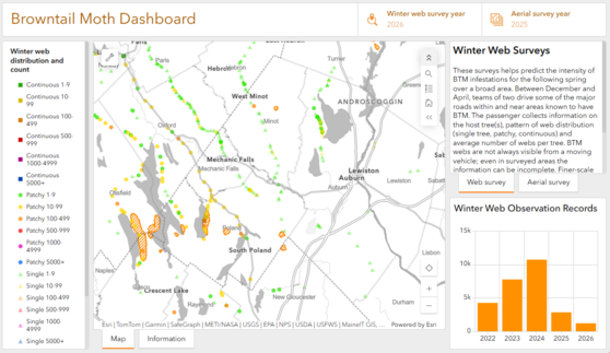 A screenshot showing the Browntail Moth Dashboard and interactive map.