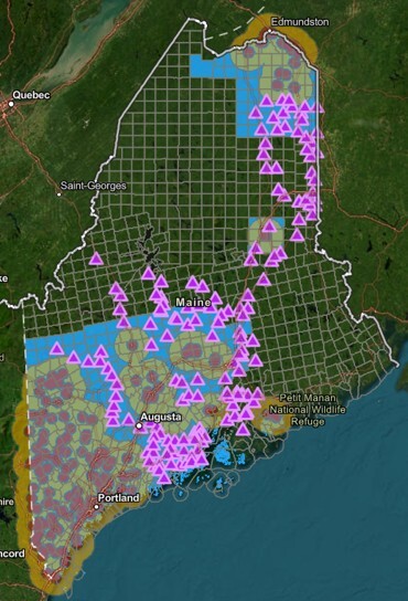 Map of Maine showing purple trap locations 2026