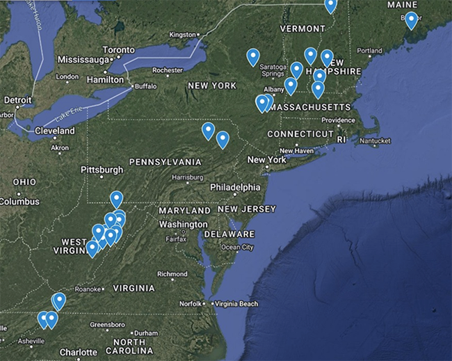 Map of the red spruce seed collection sites: 1 in ME, 2 in VT, 1 in MA, 2 in PA, 2 in NY, 9 in WV, and 1 in V.
