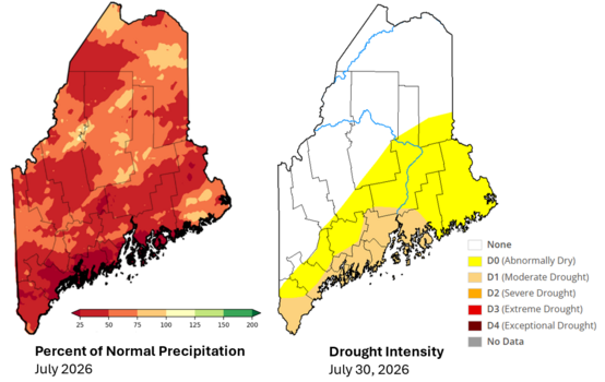 Two maps of Maine showing precipitation and drought
