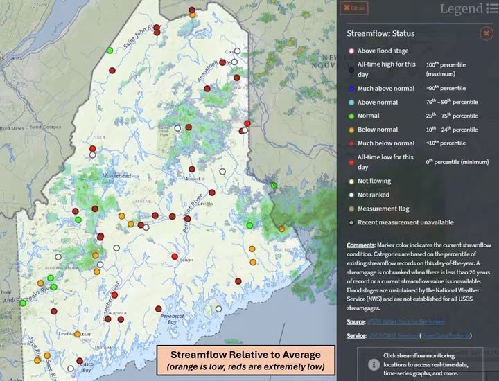 Map of Maine showing stream flow amounts.