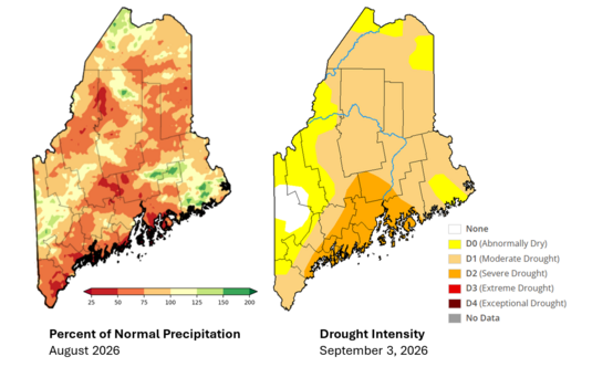 Two maps of Maine comparing Precipitation and Drought