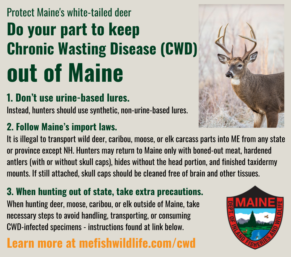 help keep CWD out of Maine - text found at mefishwildlife.com/cwd