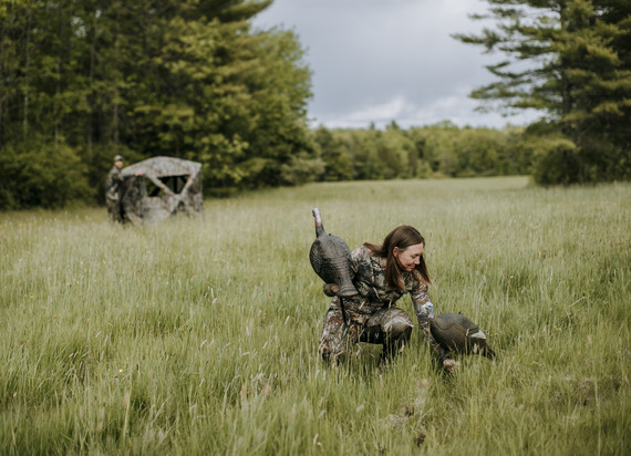 Setting turkey decoys in a field